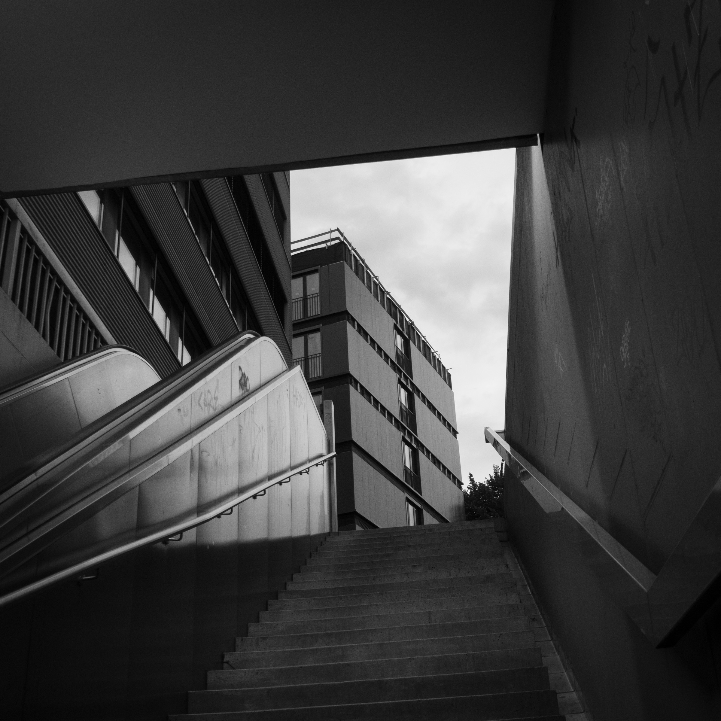 Stairwell ascending toward street level, Lohsestraße, Cologne, residential building visible above