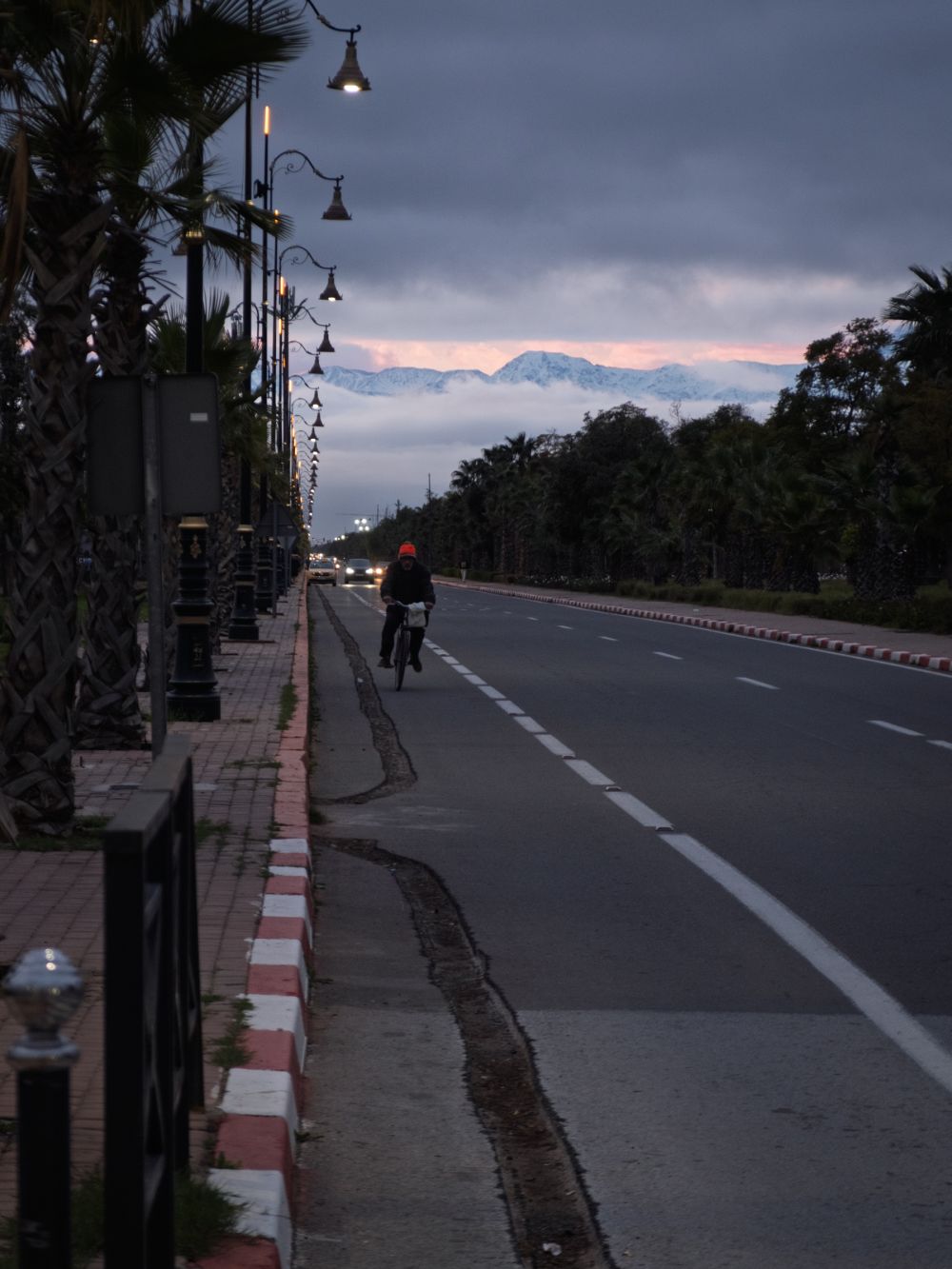Cyclist on an empty road lined with palm trees, mountains obscured by clouds at dusk.