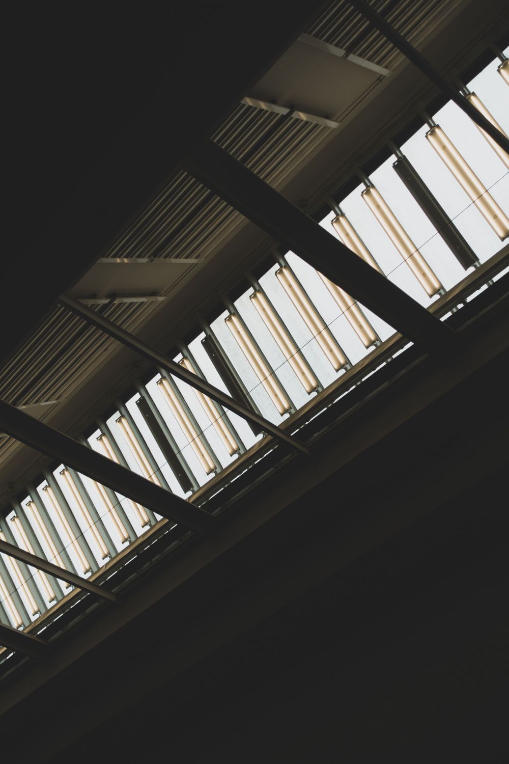Close-up of skylight ceiling with fluorescent tubes and steel structure, Kunsthalle Düsseldorf