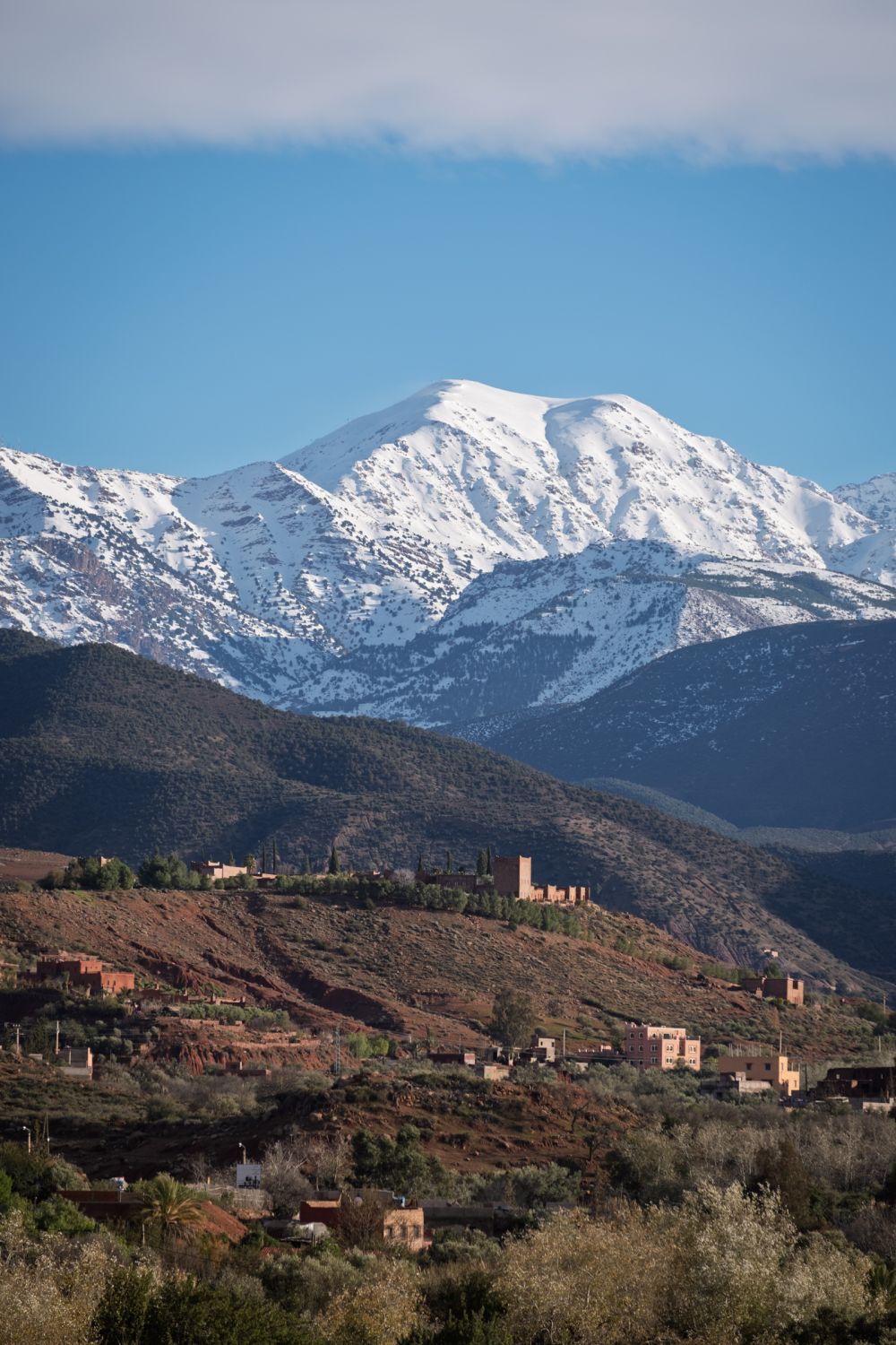 Traditional village at the foot of the Atlas Mountains, showcasing local architecture and snow peaks.